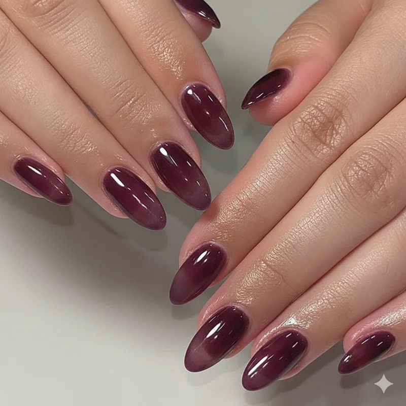 Syrup nails 2026 evolution showing deep berry jewel tone and smoky plum sheer gradient as seasonal update to classic pale pink Korean nail trend