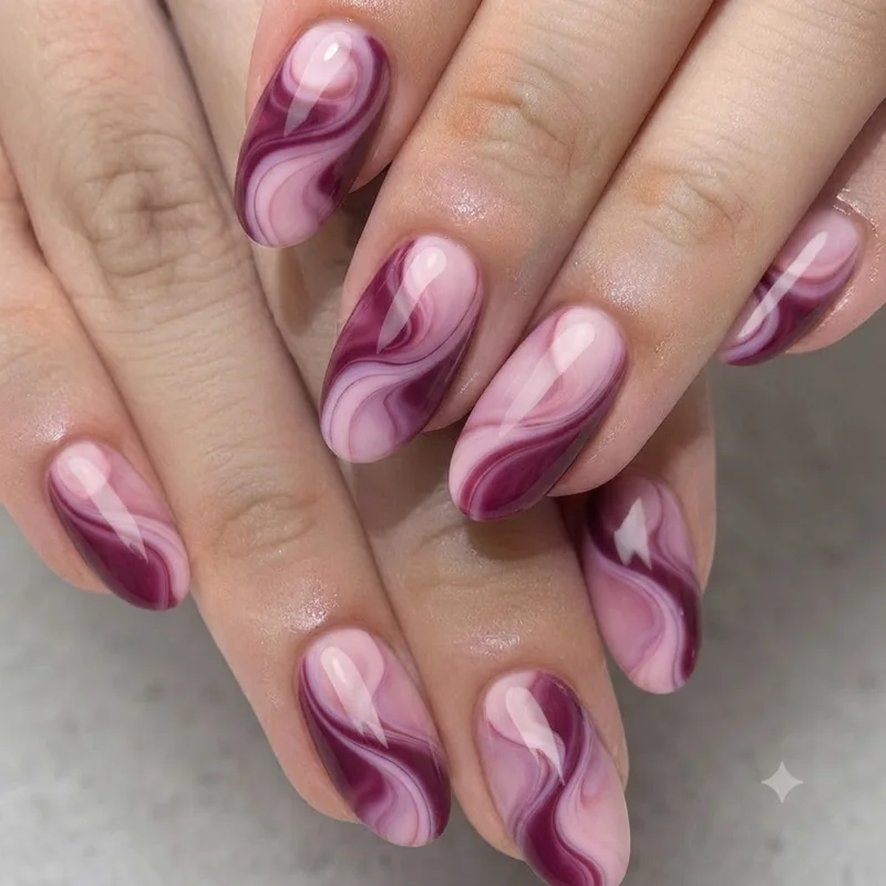 Negative space nail design with oil slick marble effect in purple and silver