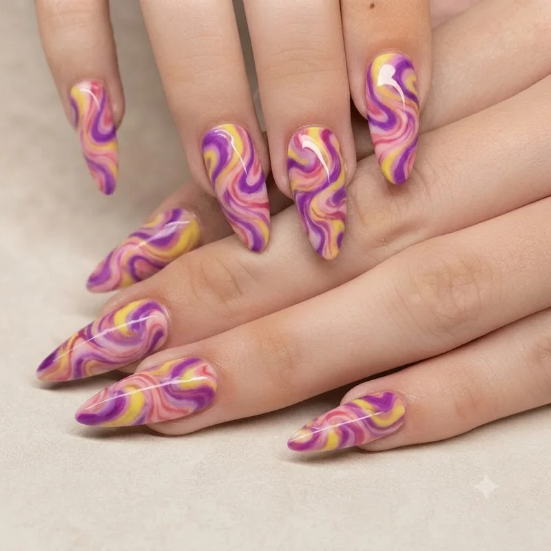 Thermal color changing swirl nail set shifting from deep purple to pink