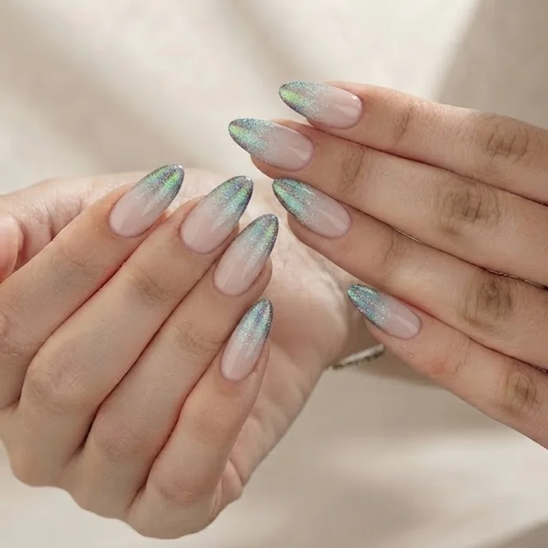 French tip and ombre opalite nail art variations showing holographic color shifting nail designs