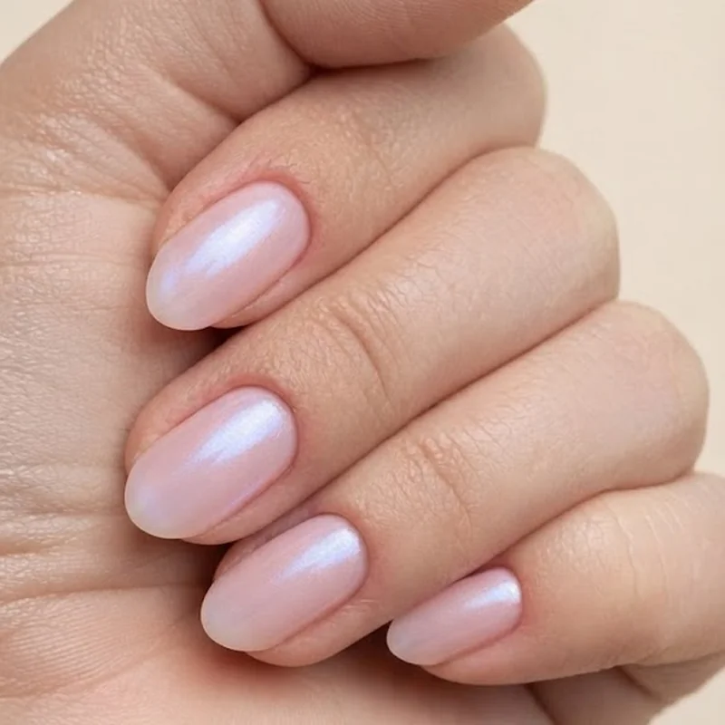 Soft pink milky opalite nail variation on short almond nails with subtle color shifting finish