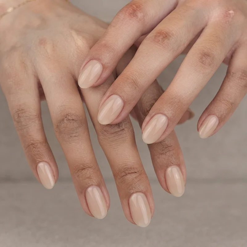 Taylor swift engagement nails styled in sheer beige polish on a short almond shape with glossy soap nail finish