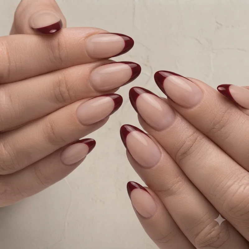 Three french tip thanksgiving nails color options in burgundy, gold and sage shown side by side