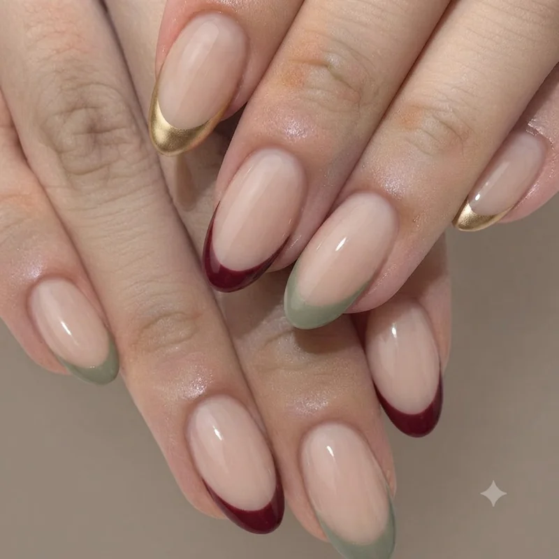 French tip thanksgiving nails in chocolate brown on an almond shape at a styled fall table