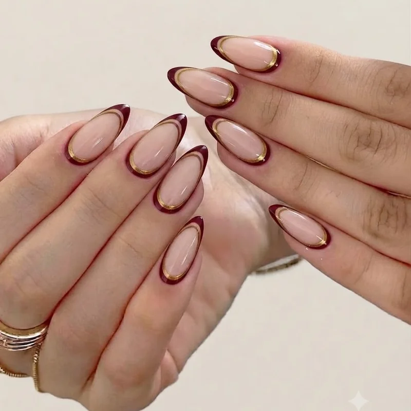 French tip thanksgiving nails styled in a hosting context showing gel finish durability