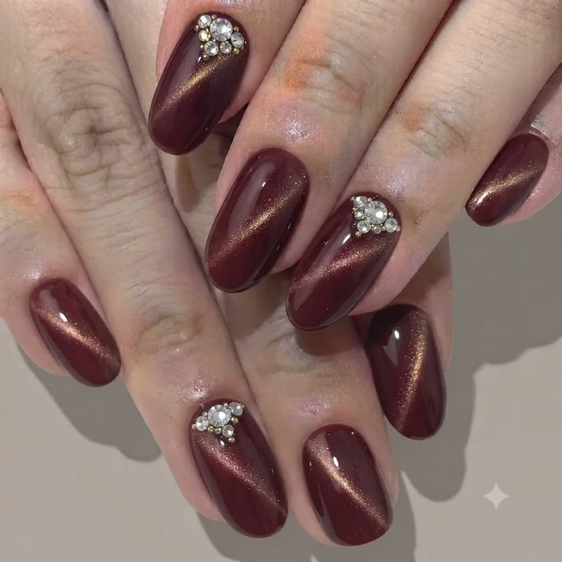 Short almond and square nail shapes in cinnamon brown and warm fall tones for Thanksgiving