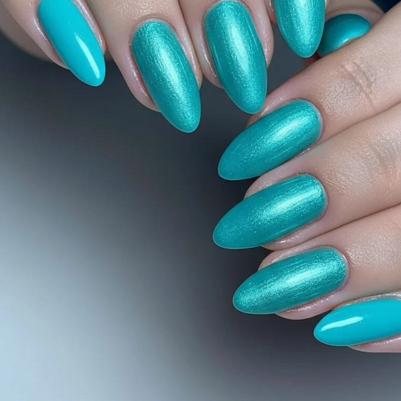 Best turquoise nail polish 2026 featuring OPI and Essie bottles alongside aqua chrome powder in summer flat lay product selection