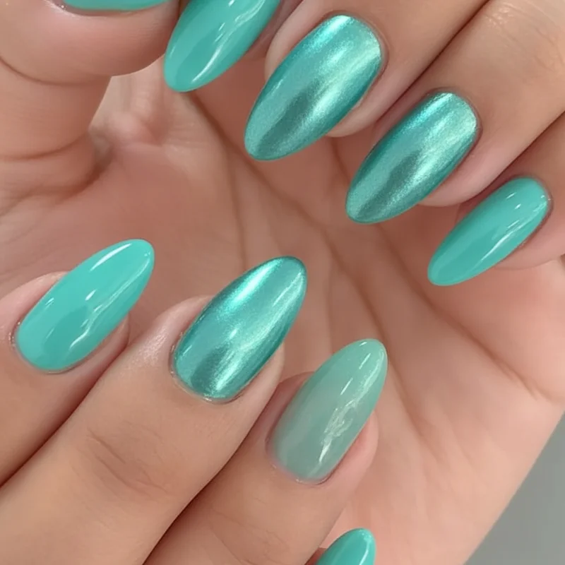 Turquoise nail finish comparison showing glossy creme aqua chrome and jelly versions side by side for summer 2026 occasion guide