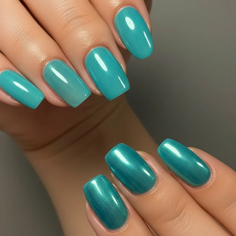 Turquoise nails on short nails showing round and squoval shapes with jelly and chrome finishes comparison for small nail canvas guidance