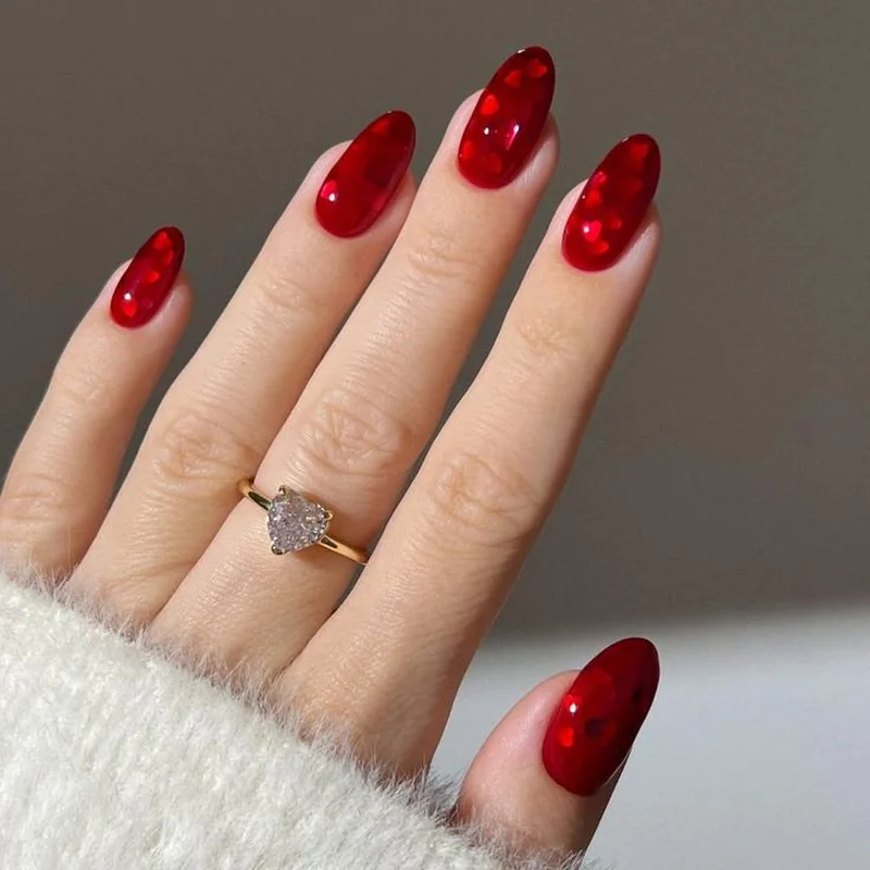 Jelly Valentine nails with translucent pink overlay