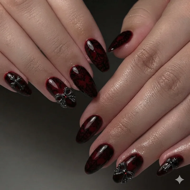 Coffin shaped vampire nails with gothic nail art