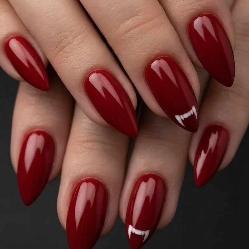 Stiletto vampire nails with fang accents and red polish