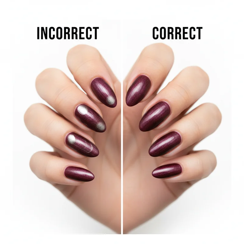 Common mistake showing concentrated shimmer spots versus proper velvet diffusion