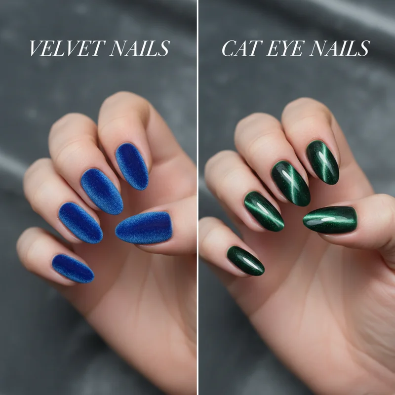 Velvet cat eye versus regular cat eye showing diffused shimmer comparison