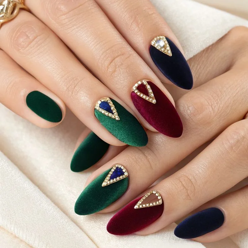 Velvet texture Christmas nails fuzzy matte red green cozy winter holiday manicure sweater inspired festive designs 2025