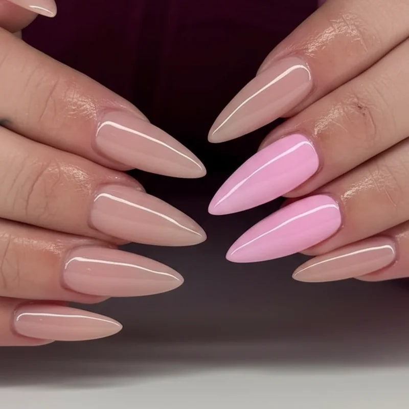 Bridal nail trial run showing colour swatches of sheer nude, soft blush, and milky pink finishes on oval nail shapes laid out