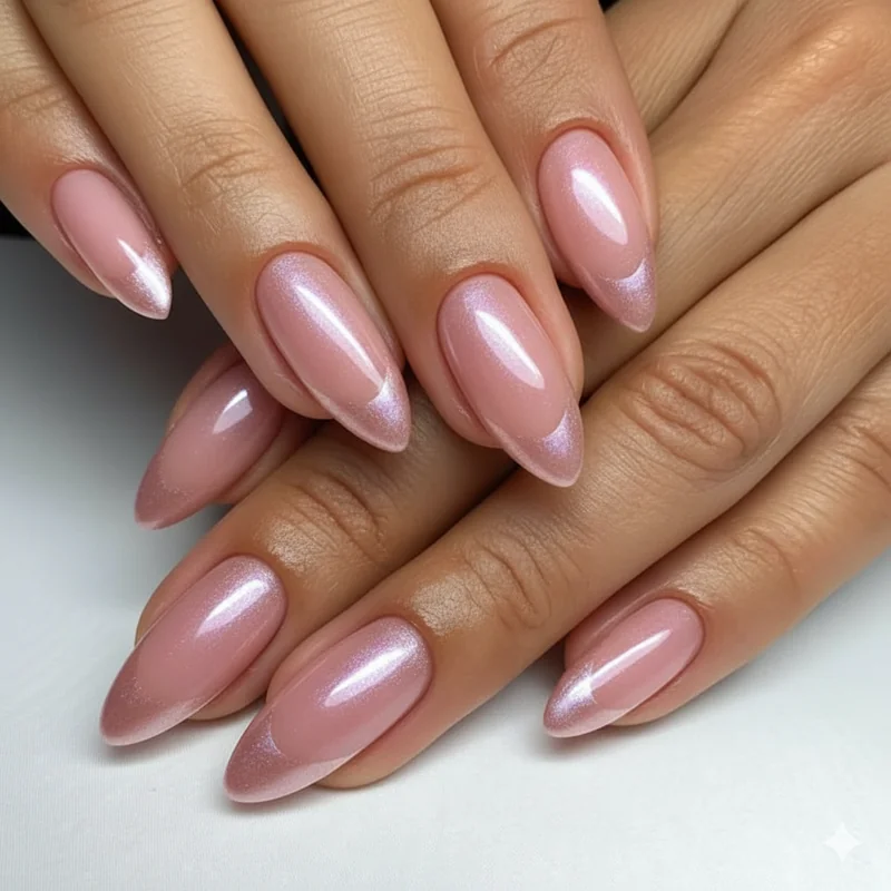 Chrome French tip wedding nails with pearl chrome powder applied over a micro French tip on a sheer pink gel base bridal