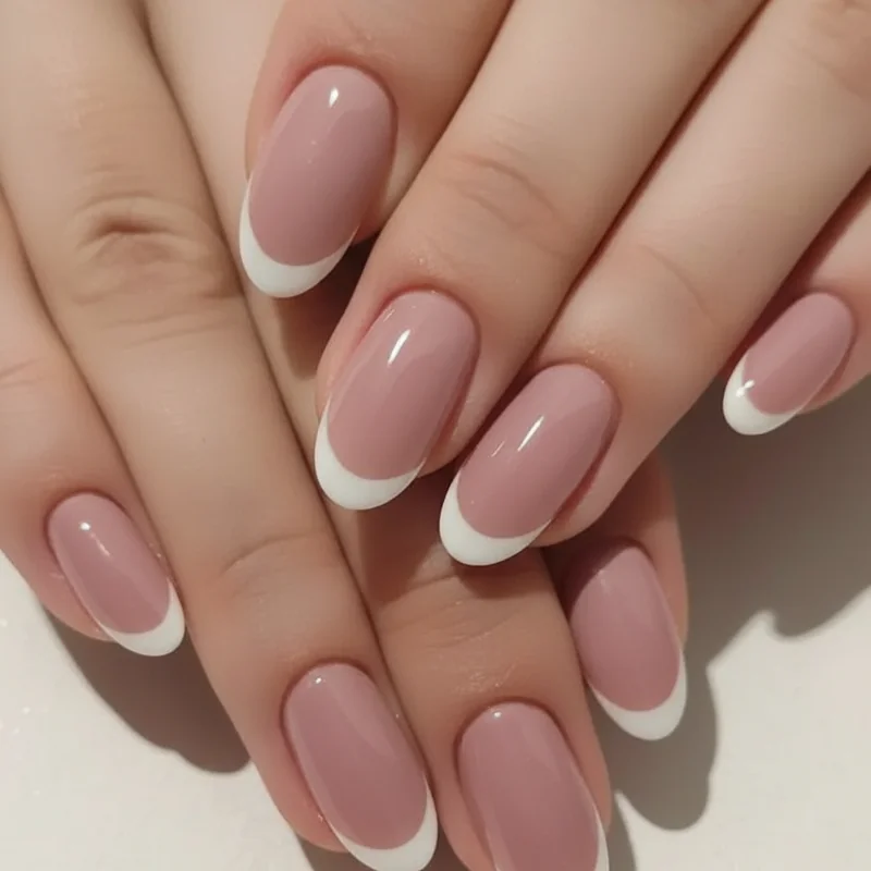 Classic French tip bridal manicure with a warm sheer pink base and a cream white smile line on oval shaped wedding nails