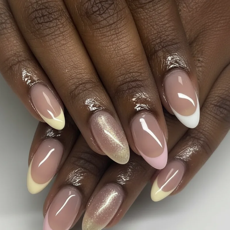 Coloured French tip wedding nails showing buttercream champagne and dusty blush tip colour choice options for 2026 brides