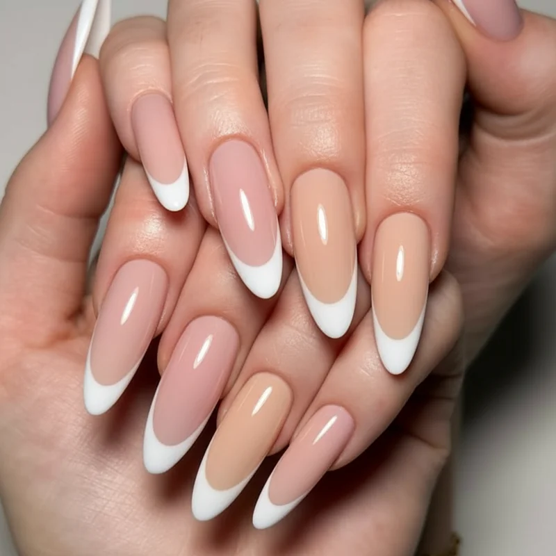 French tip wedding nails ring shot showing almond micro French with a pearl ring finger accent detail on 2026 bride hand