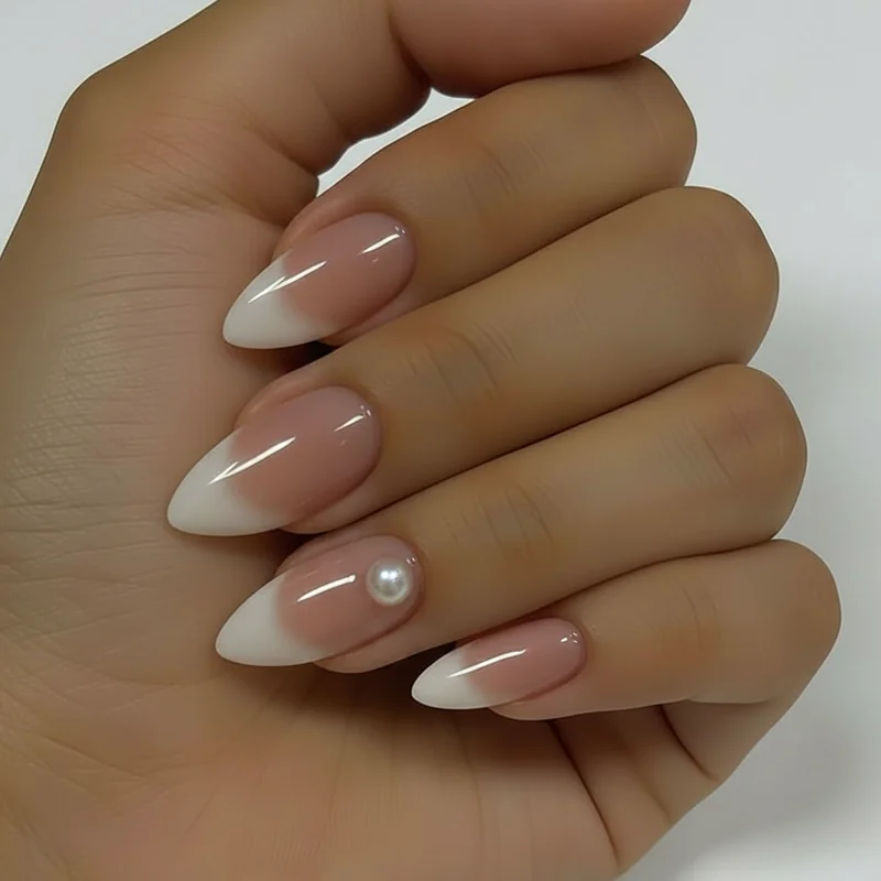 French tip wedding nails base shade guide showing cool sheer pink for neutral skin and warm beige for olive skin tone nails
