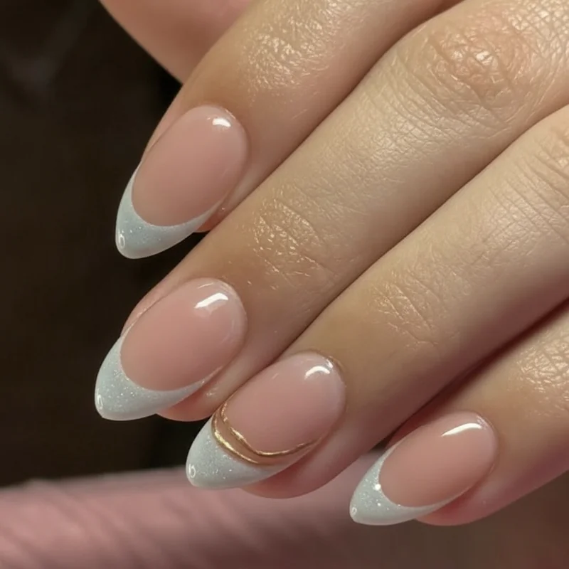 Glazed French tip bridal nails with milky translucent base and a sheer gloss tip for a luminous glass nail wedding manicure