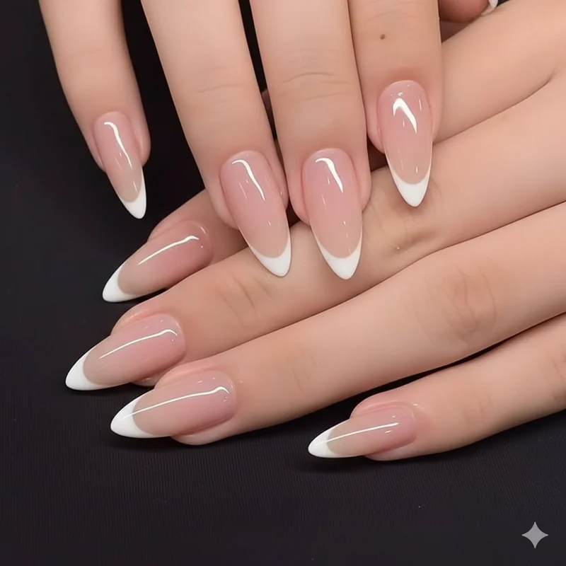 Nail shape guide for French tip wedding nails showing almond oval and squoval shapes with micro French tip options for bride