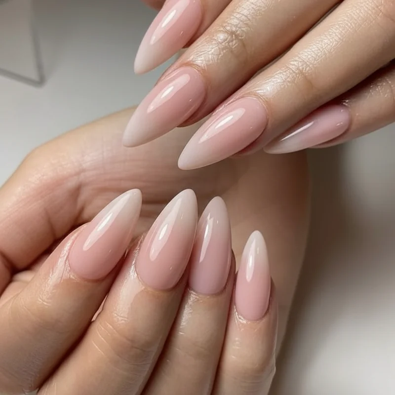 Almond nail shape for wedding showing tapered tip and ideal medium length on bridal hand with ring for proportion reference
