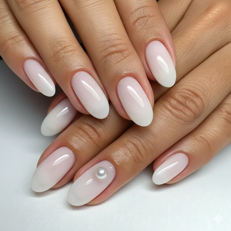 3D pearl accent on short wedding nails with single pearl on ring finger against sheer nude base for elegant bridal nail art