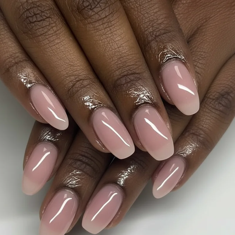 Nail technician applying gel overlay to short bridal nails at wedding appointment showing squoval shape and pearl chrome