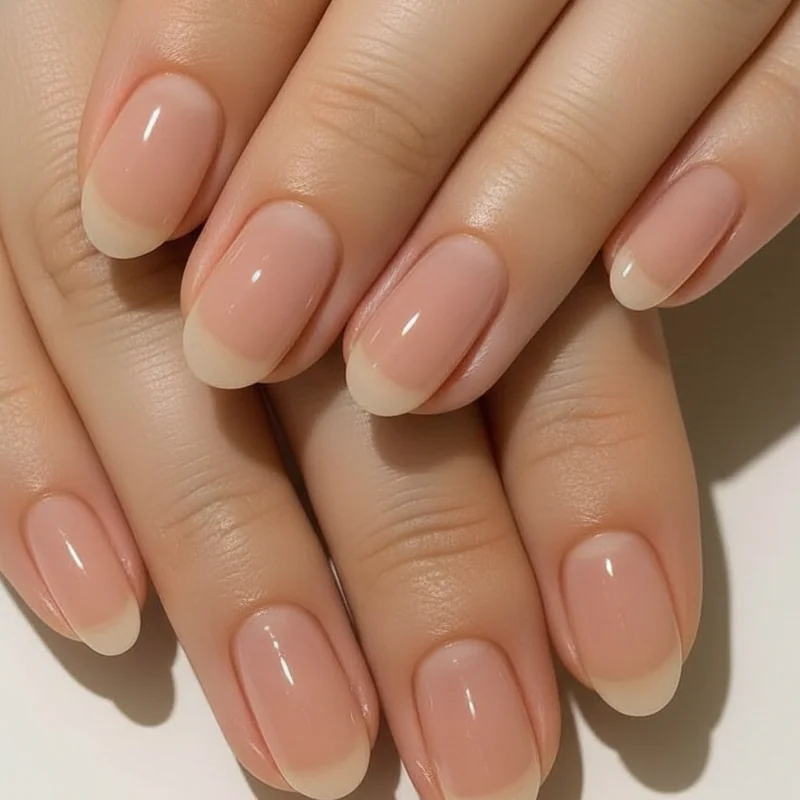 Natural short wedding nails with gel overlay showing chip-resistant builder gel bridal manicure finish for all-day durability