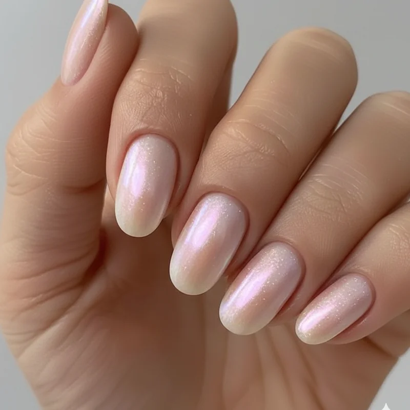 Pearl chrome opalescent finish on short bridal nails over sheer pink base catching candlelight for a luminous wedding look