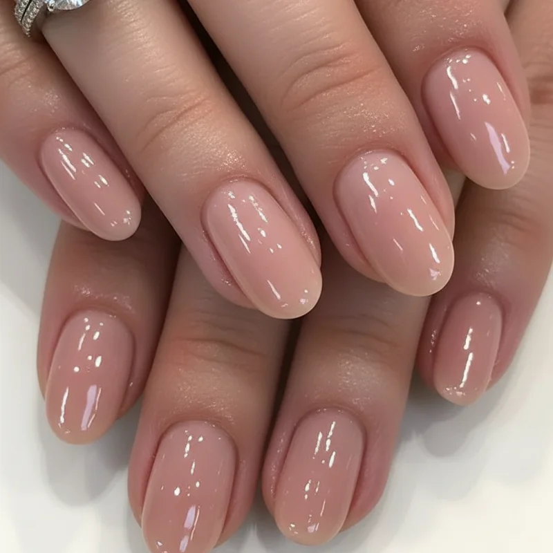 Short wedding nails in ring shot with oval diamond engagement ring showing how shorter lengths frame the stone in photos
