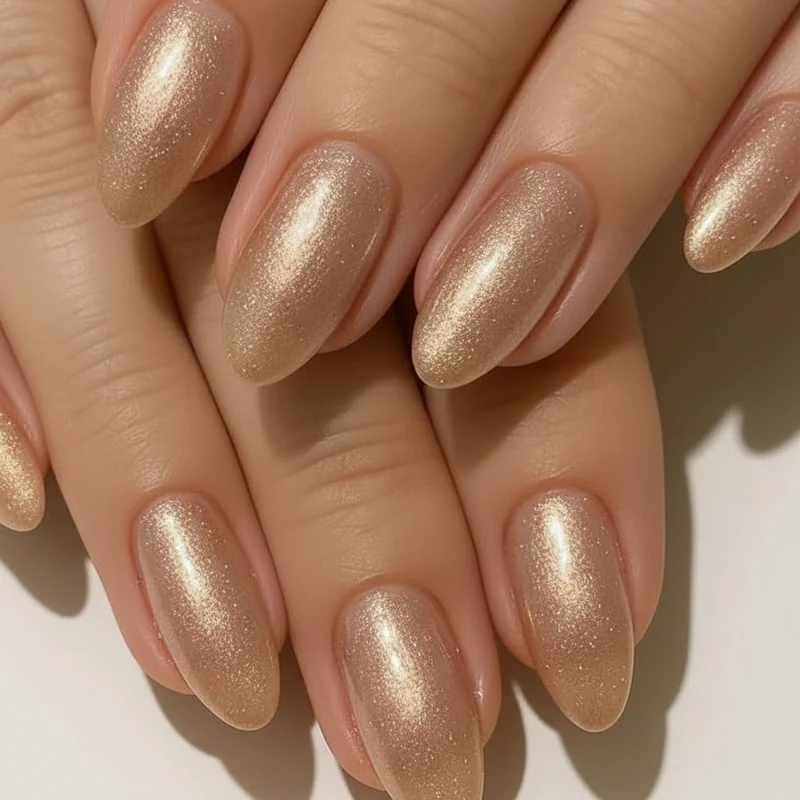 Black tie wedding guest nails showing glazed chrome and champagne shimmer finishes on almond shaped nails for formal events