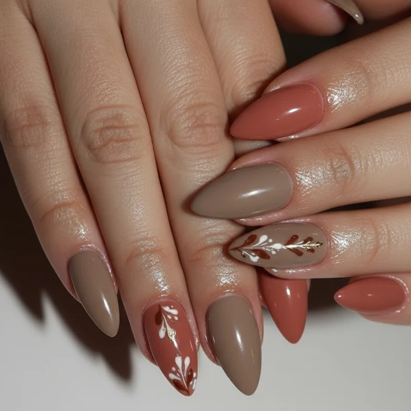 Boho rustic wedding guest nails showing warm taupe terracotta clay and mauve shades in earthy palette for outdoor ceremonies