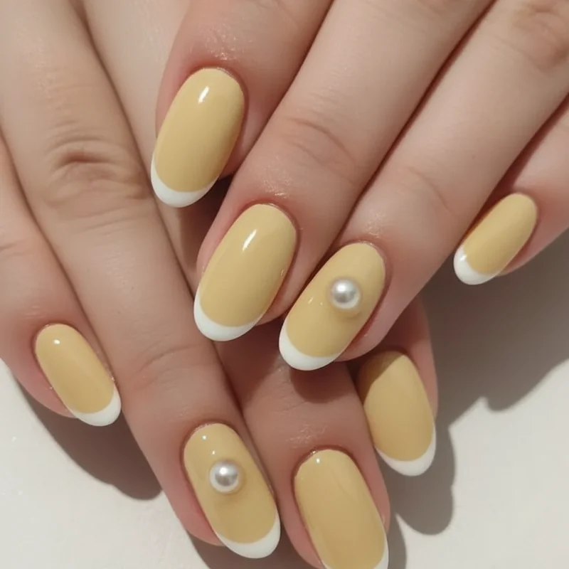 Cocktail wedding guest nails showing butter yellow cream polish pearl accent nail and micro French tip on oval nails