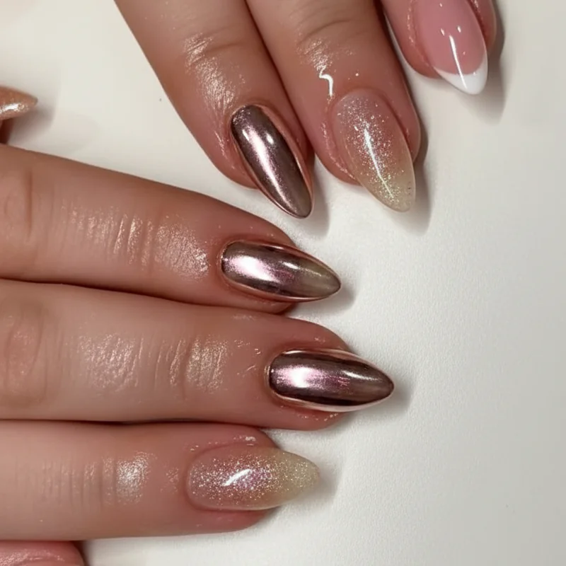 Five universal wedding guest nail finishes side by side glazed chrome champagne shimmer milky pink pearl accent micro French tip