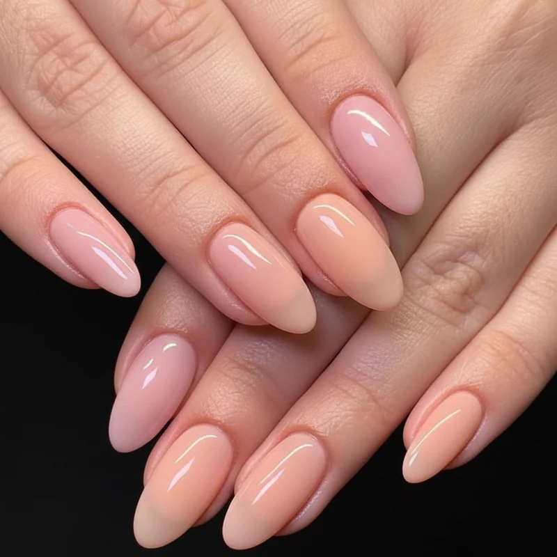 Garden wedding guest nails showing soft pastel shades milky sheer pink and peach sorbet glossy finish for outdoor ceremonies