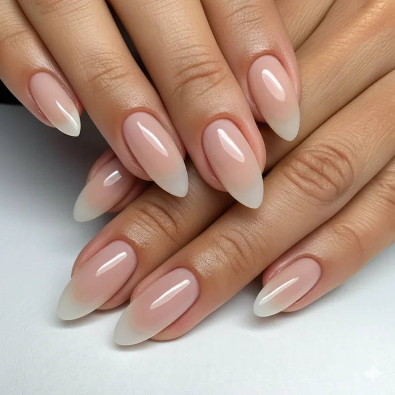 No-mani mani bridal trend 2026 showing sheer milky gloss finish on natural nails with high-shine no-wipe top coat