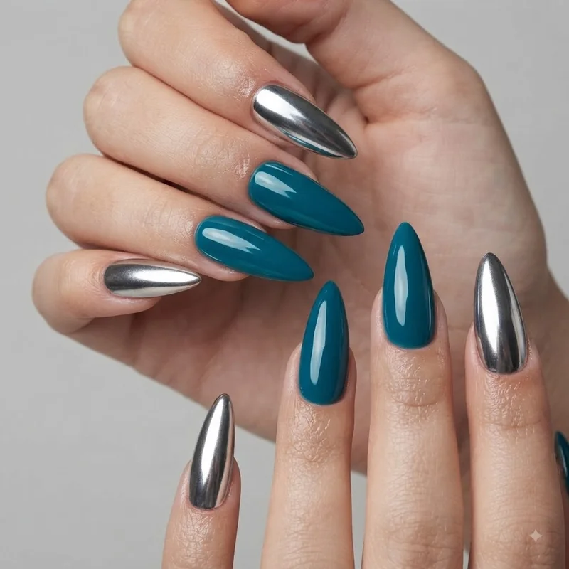 Bold concert-ready western nail designs with chrome finish and turquoise accents