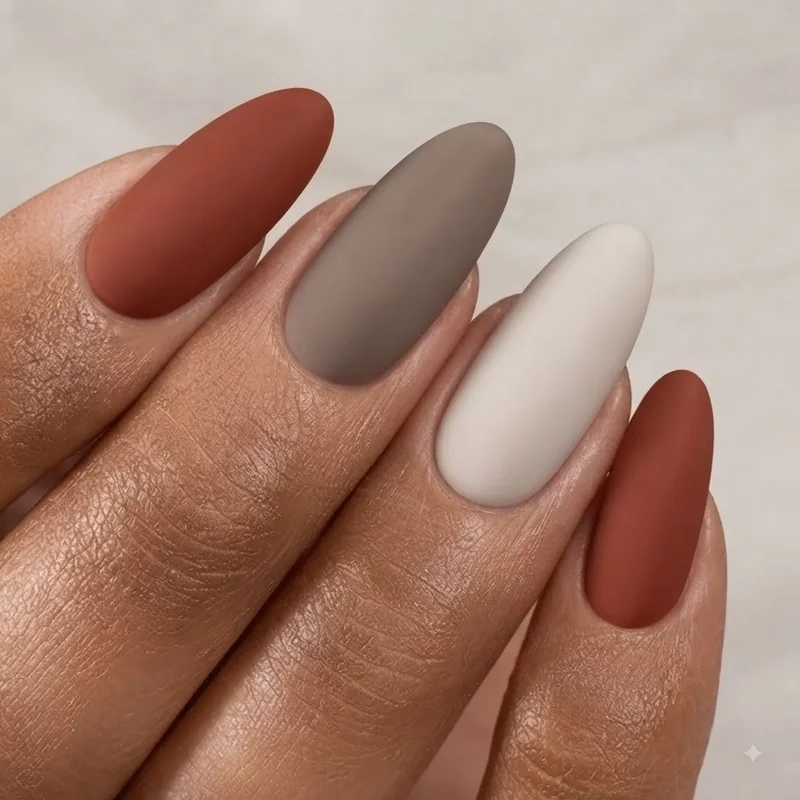 Western nail ideas in an earthy rust, taupe, and bone colour palette for everyday wear