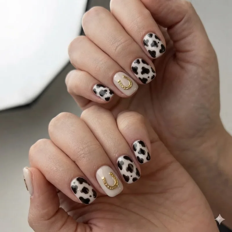 Short squoval western nails showing shape suitability for cow print and horseshoe motifs