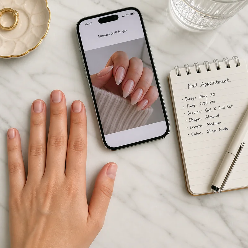Almond nail pre-appointment checklist showing reference photo selection service type booking and length preference decisions to prepare before salon visit