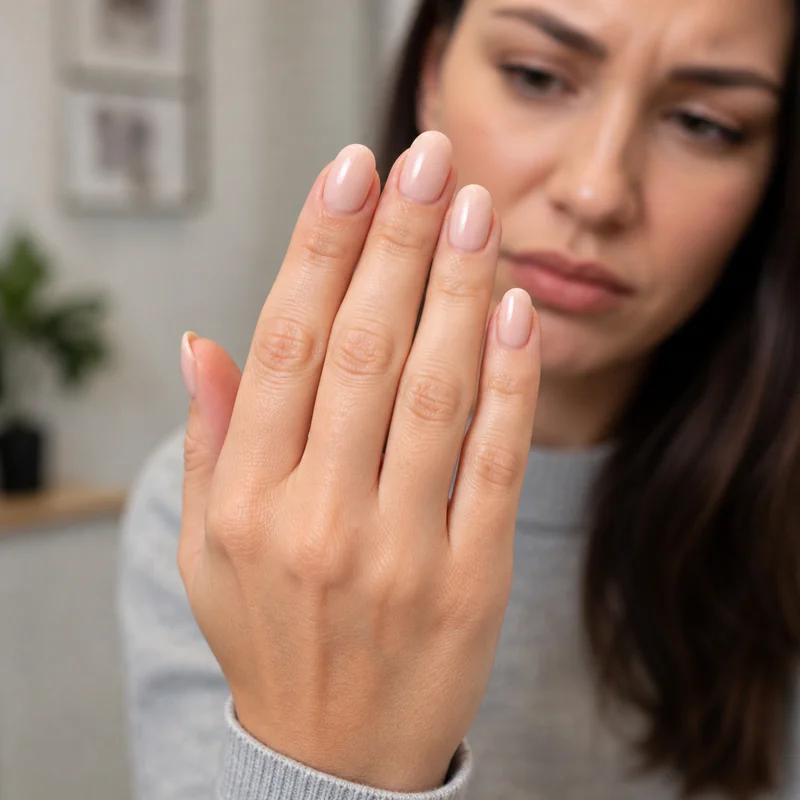 Common almond nail salon communication mistakes showing oval result from vague request wrong service booking and no reference photo leading to incorrect shape