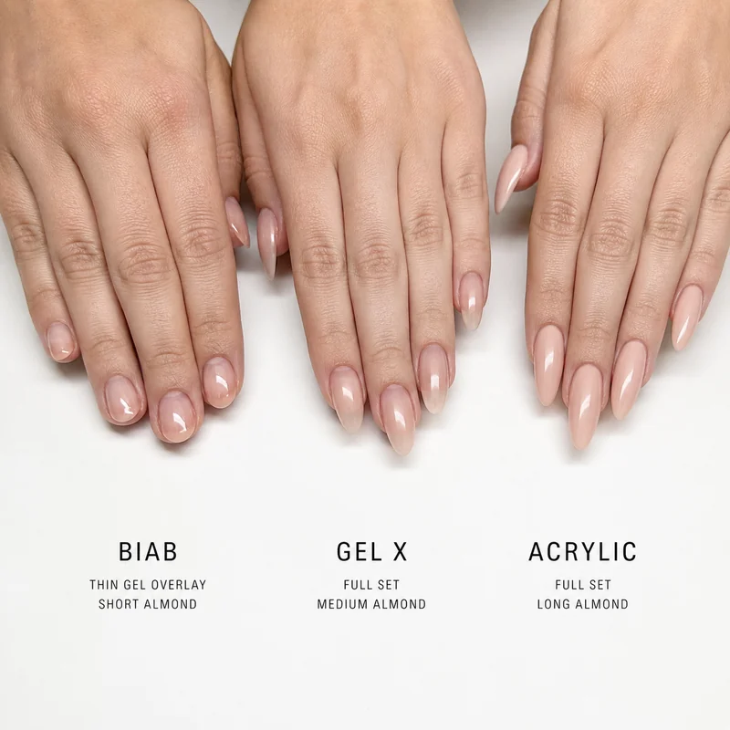 Gel overlay acrylic full set and BIAB service comparison showing which nail extension type suits short medium and long almond shape requests