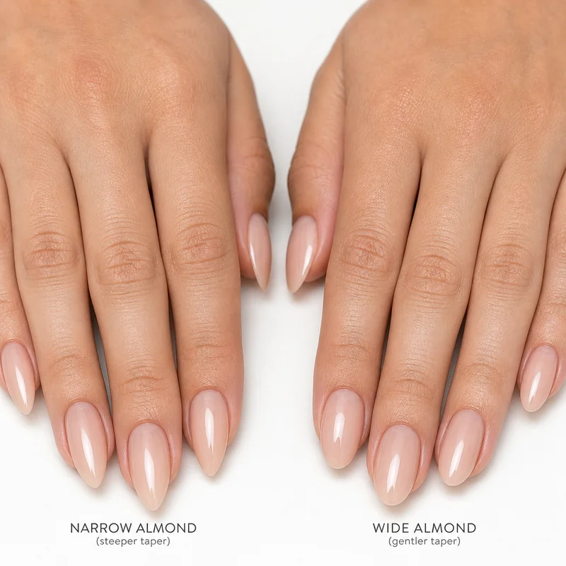 Narrow almond versus wide almond nail shape side by side showing inward taper difference and tip point variation for salon shape request