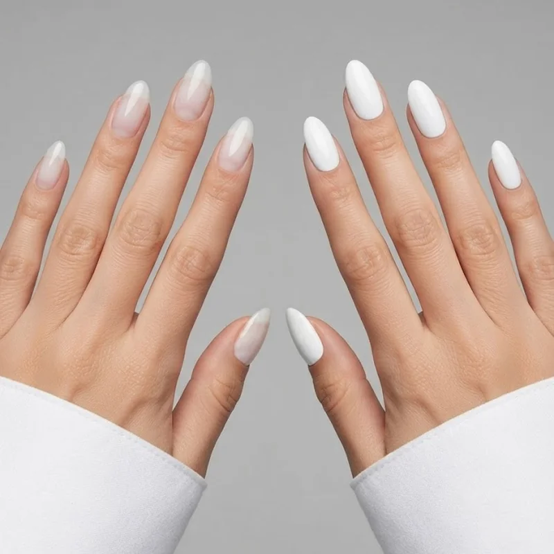 Milky sheer white nail finish styled beside an opaque stark white manicure to compare guest-appropriate finishes side by side