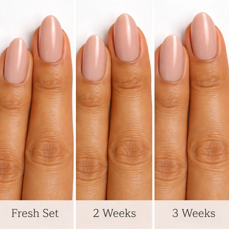 Almond nail set progression showing fresh set versus week two versus week three growth gap demonstrating normal lifespan before breakage risk