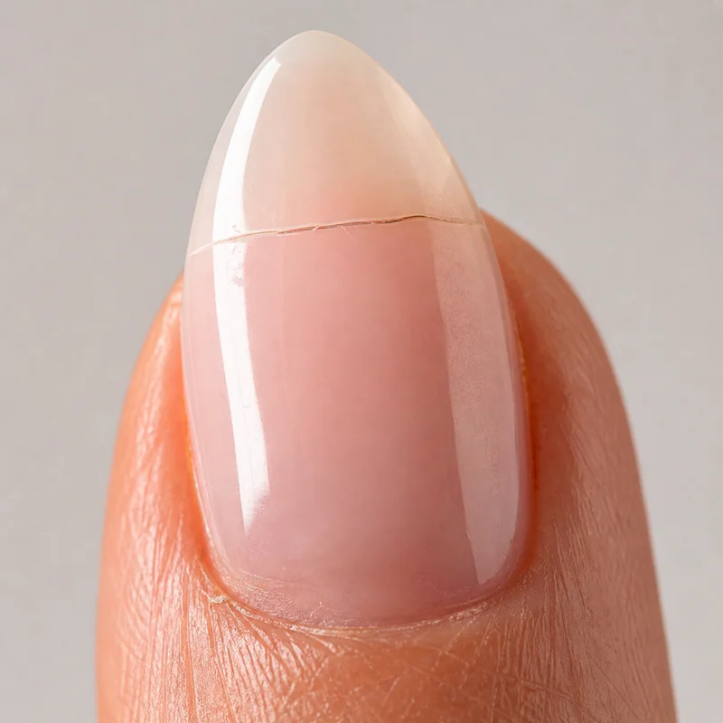 Close-up of almond nail showing stress zone crack line near apex where repeated breakage concentrates on tapered nail shape