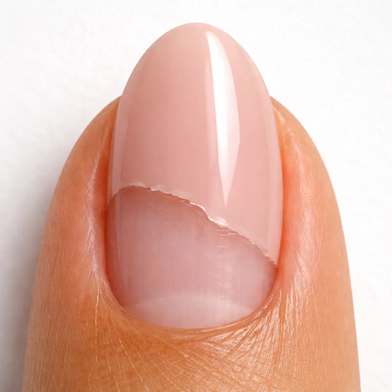 Gel nail lifting at cuticle zone showing gap forming at base of almond nail enhancement indicating adhesion failure and early breakage risk